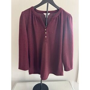 Liz Claiborne Women L Burgundy Shimmer Knit Top Jewel Button 3/4 Sleeve